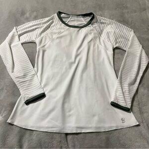 SOFIBELLA White Long Sleeve Activewear Shirt Women's S Green Trim Mesh Sleeves